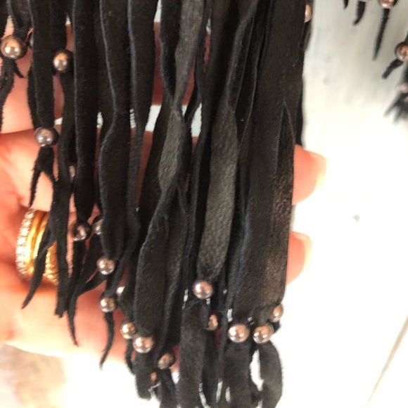 Black suede fringed wrap with silver beads made in the USA; dress it up or down - Picture 12 of 13